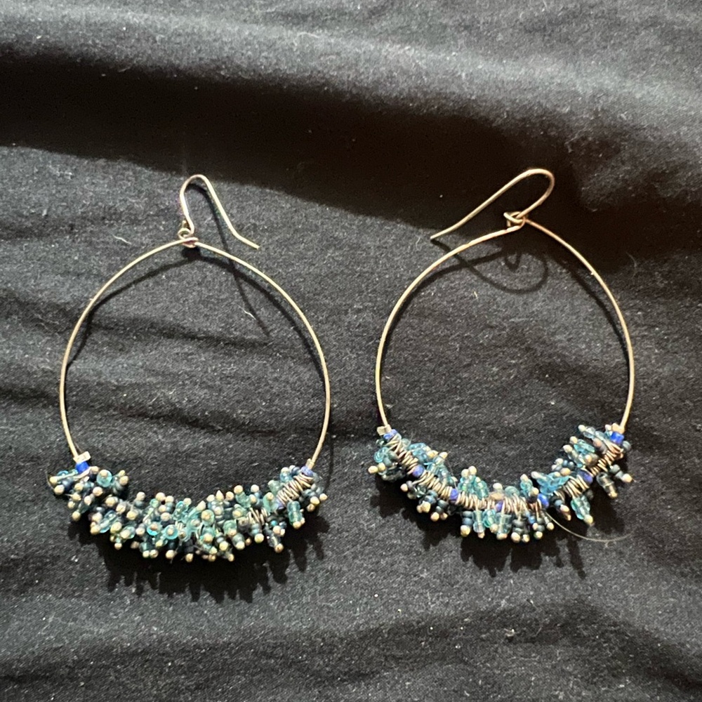 Elegant Blue Beaded Hoop Earrings